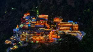 Vaishno devi bhawan picture during night time with lights glowing