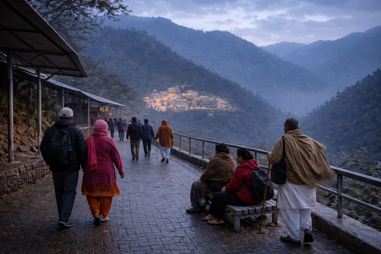 Cold evening atmosphere near katra with pilgrims walking in layers