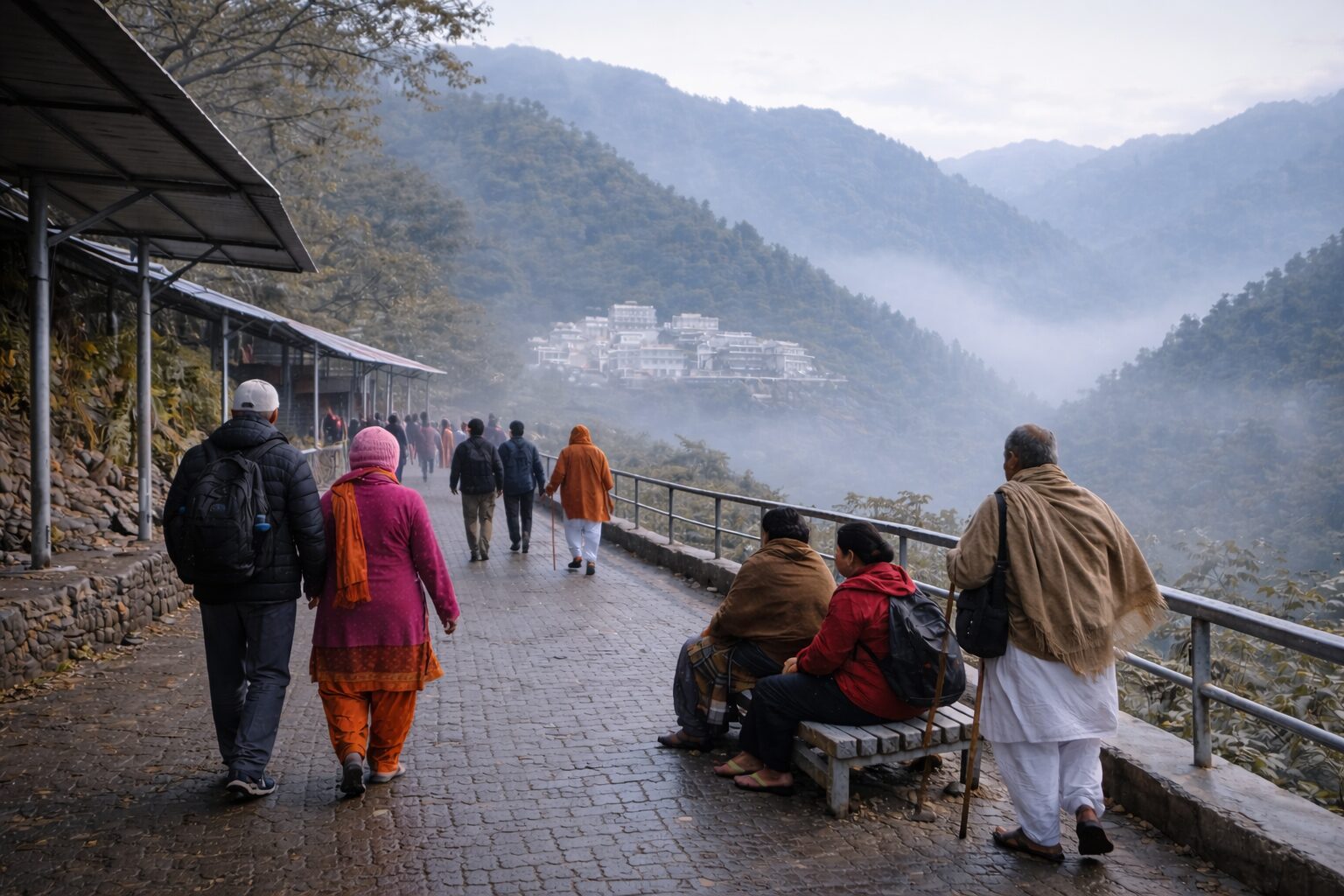 Cool winter morning scene in katra with pilgrims preparing for the vaishno devi yatra